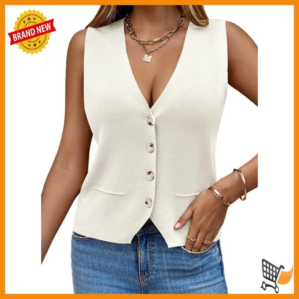 Sleeveless V-Neck Button Vest Knit Cardigan Loose Fit Women's